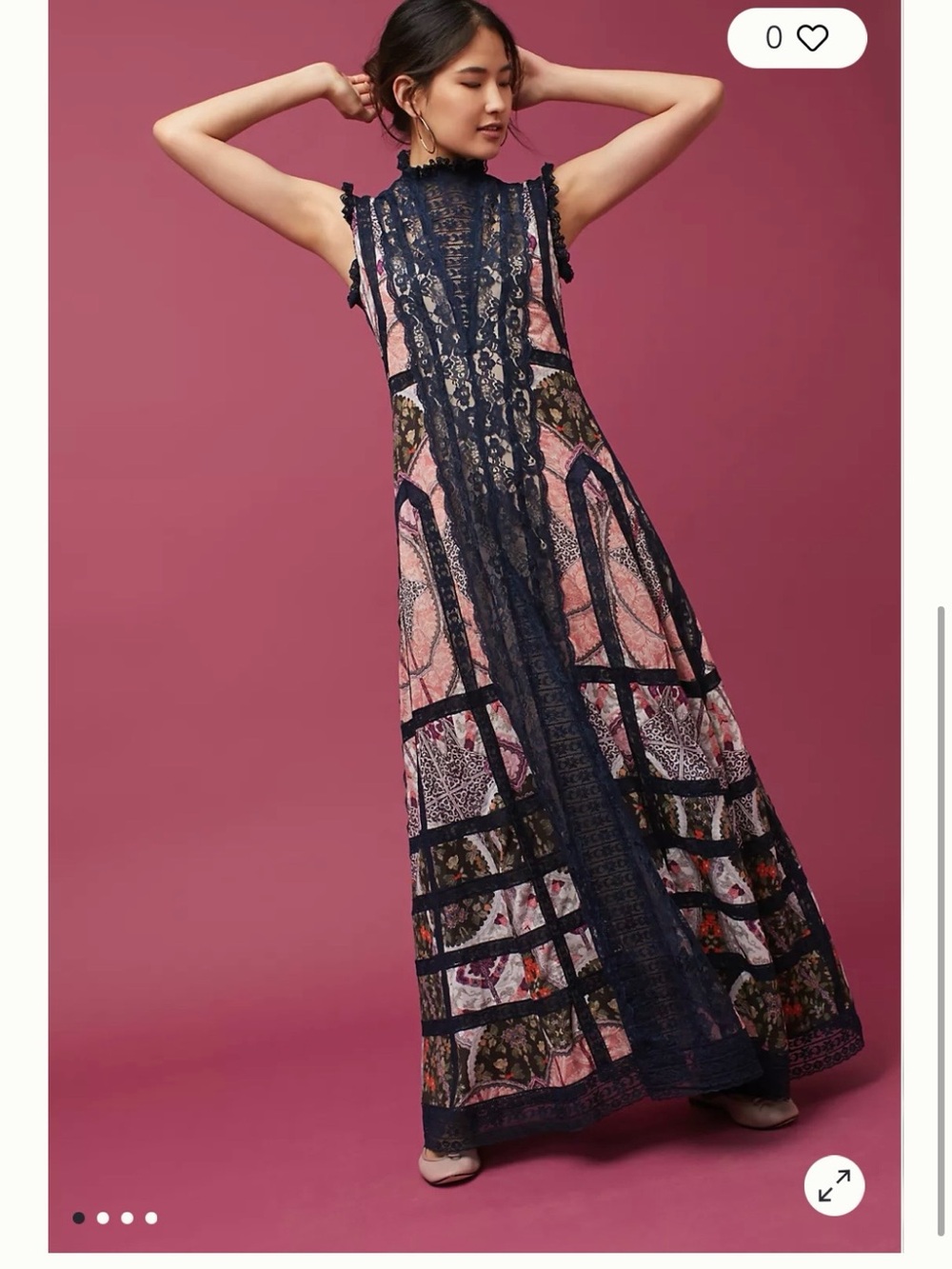 Anthropology Sleeveless Pink and Navy Lace-Trim Maxi Dress